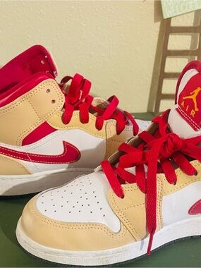 Jordan Kids High-Top Sneakers in Red, Cream, and White